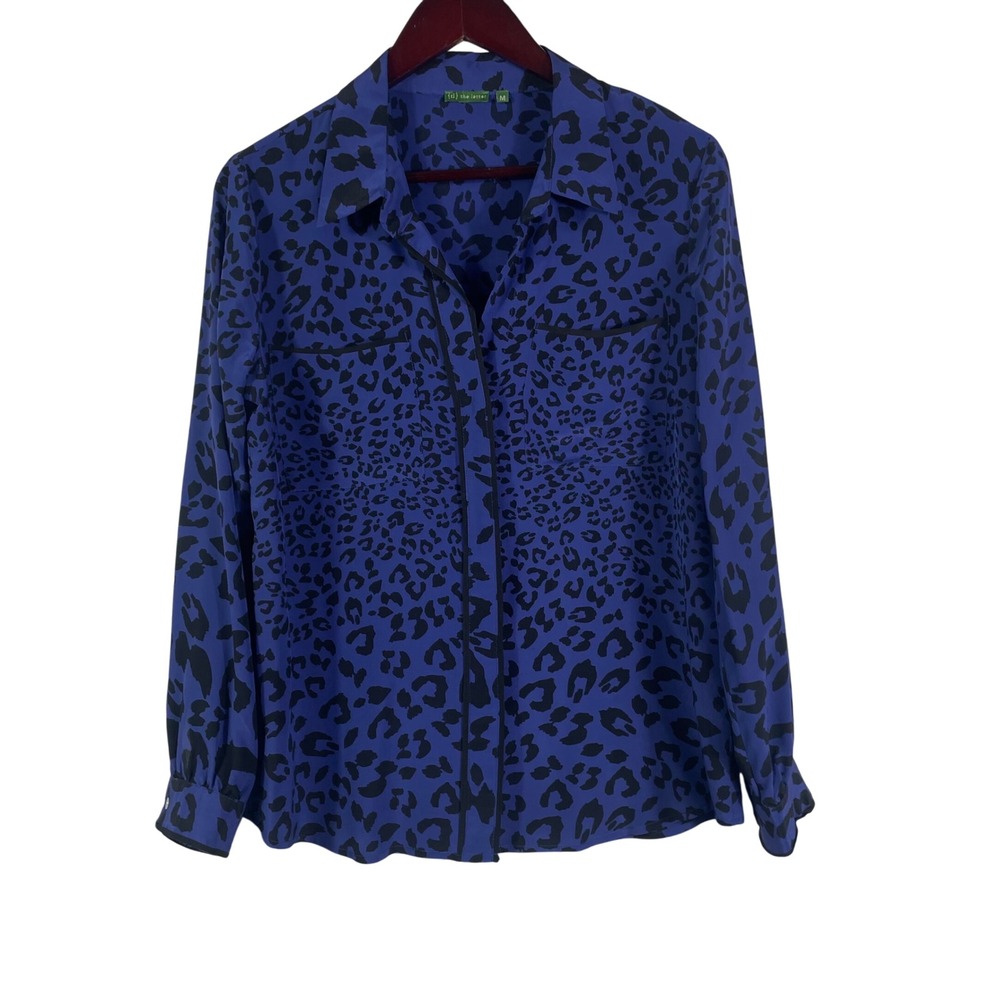[Y] The Letter Silk‎ Blouse M Blue Black Leopard Print Long Sleeve Button Down